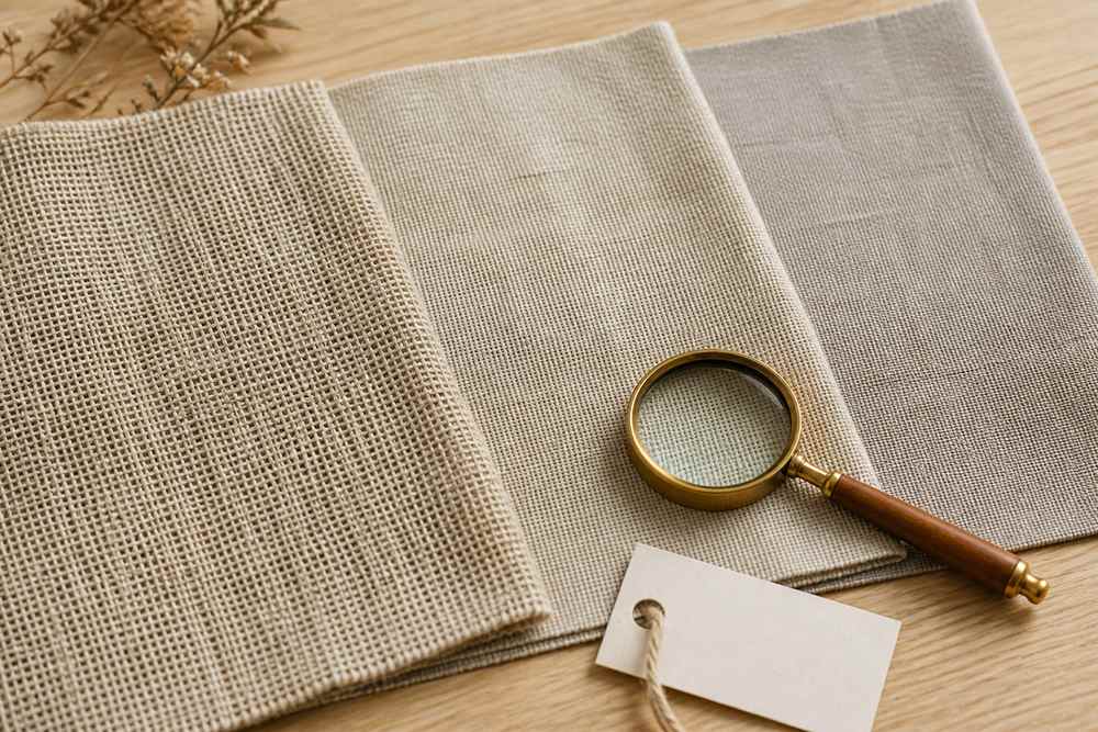Three linen upholstery swatches compared for weave density and texture
