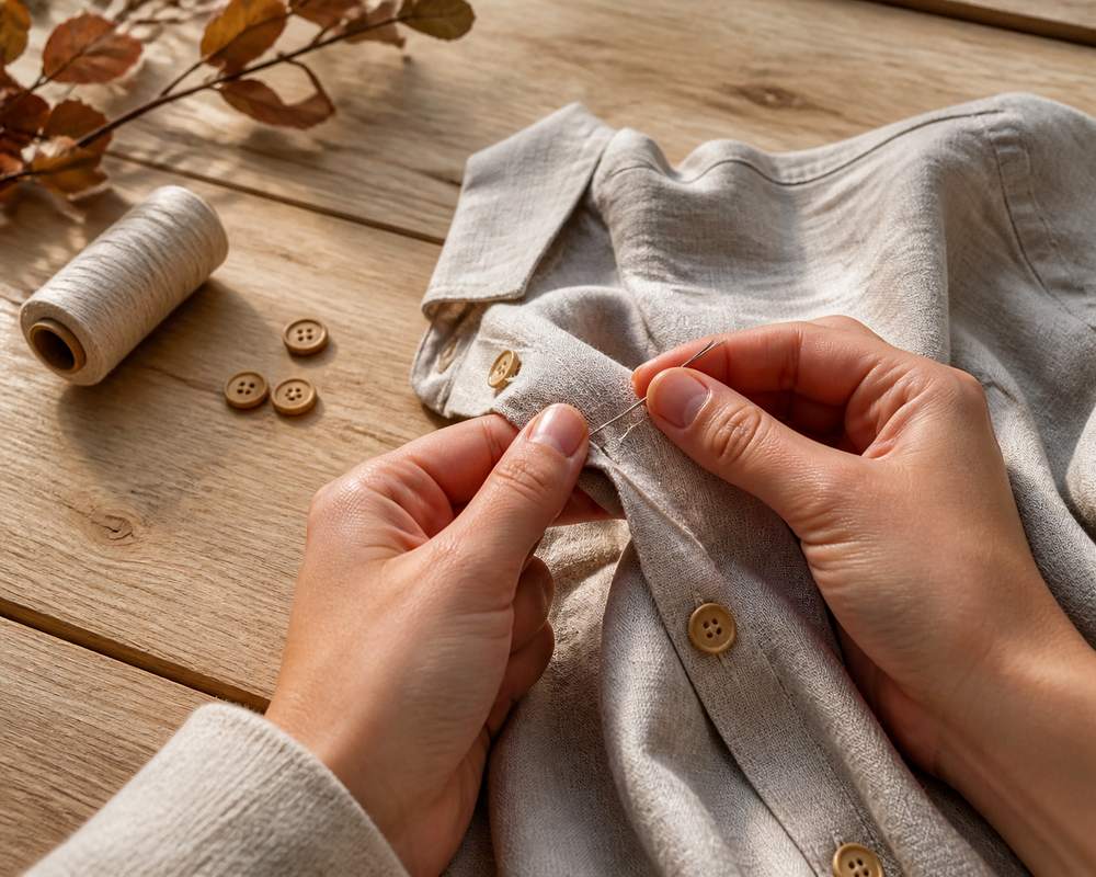 Hands mending a seam on a natural linen shirt before storage