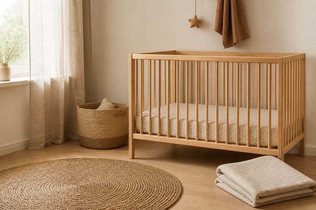 Natural children's room with soft linen textiles and calm colours
