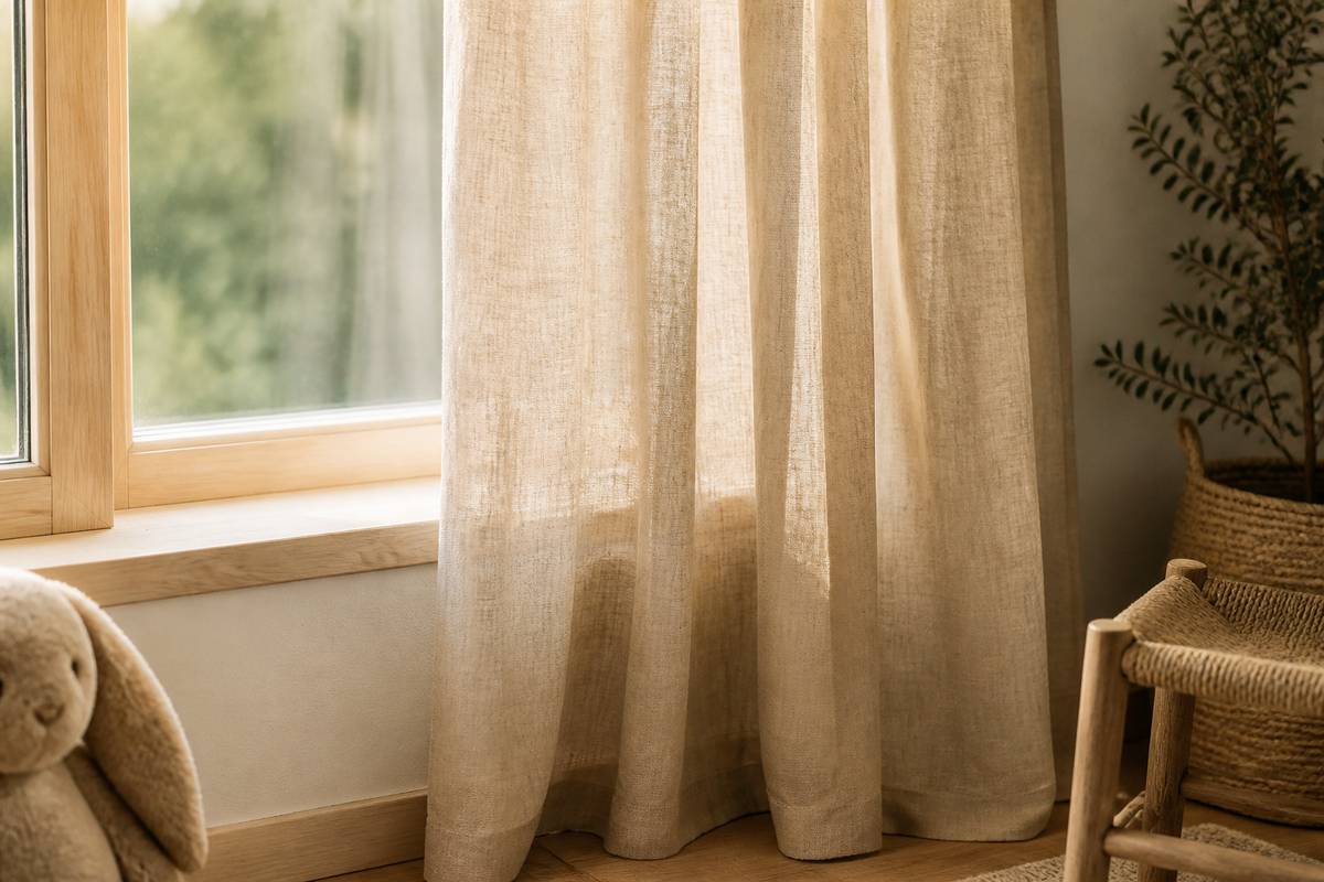 Natural linen nursery curtains filtering soft morning light