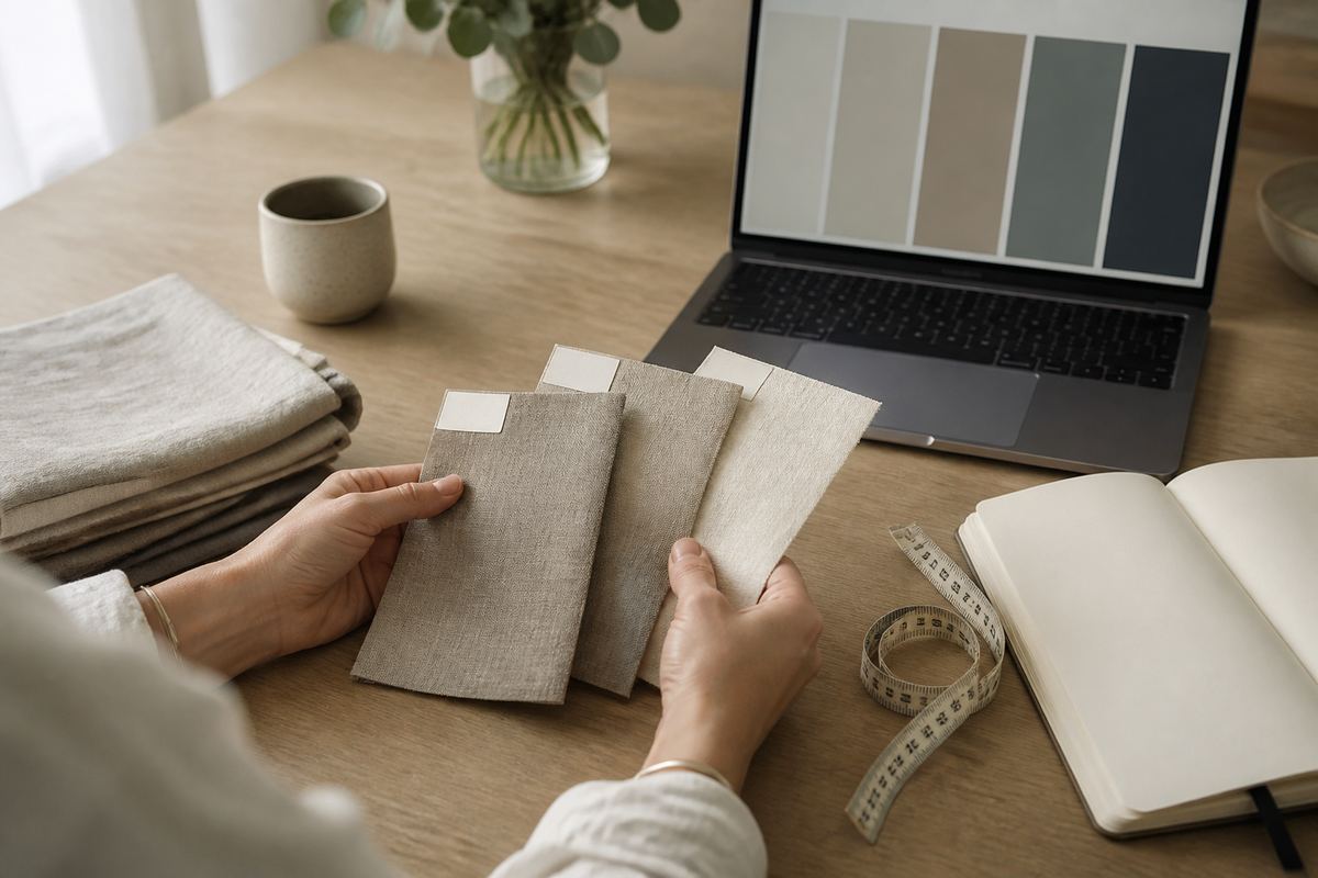 Hands comparing linen samples beside a measuring tape and online colour swatches