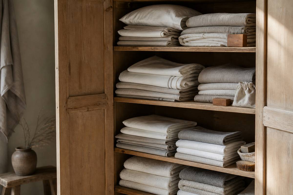 Neatly organised household linen cupboard