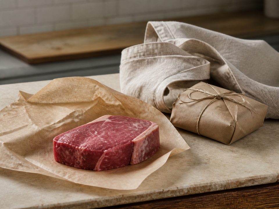 Plastic-free butcher shopping Butcher meat wrapped in paper beside a reusable linen market bag