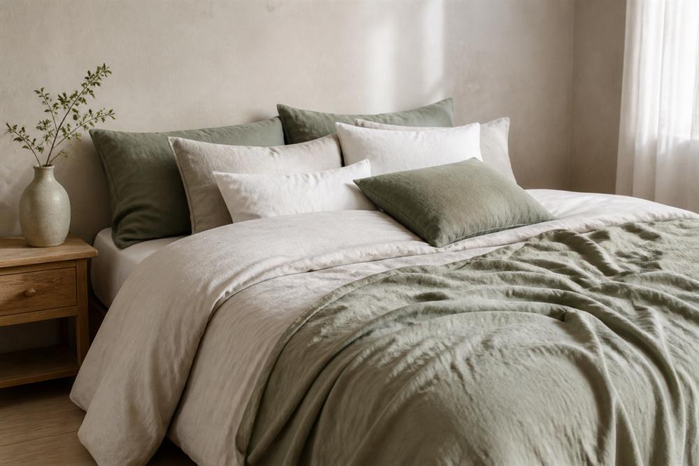 Layered linen bedding as a practical Christmas gift idea