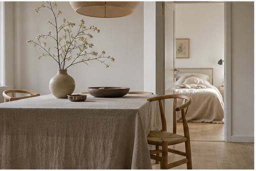 Calm Scandinavian home with a linen-covered dining table and natural wood chairs