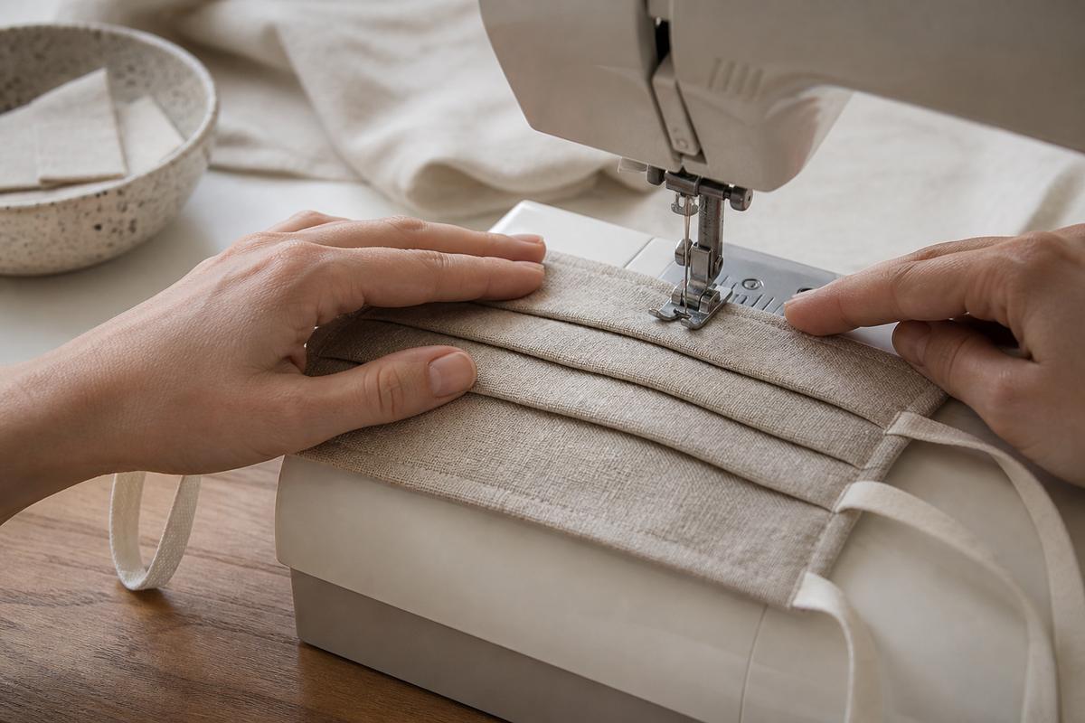 Hands sewing pleats into a reusable linen face covering
