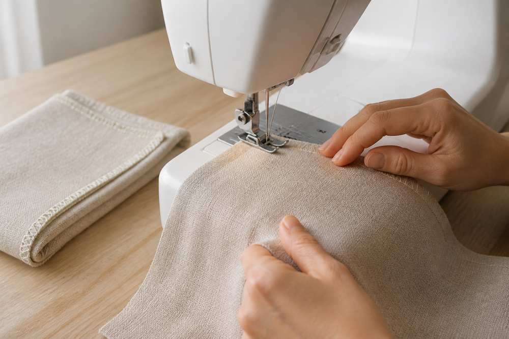 Sewing an overcast finish along the raw edge of oatmeal linen