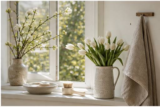 Budding branches, white tulips and fresh linen towels by an open window