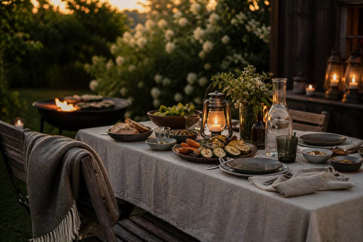 A linen-covered garden table set for a relaxed barbecue evening with grilled vegetables, lanterns and a wool throw