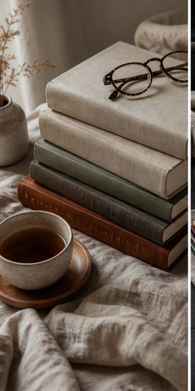 Books and a quiet reading space reflecting intentional slow living