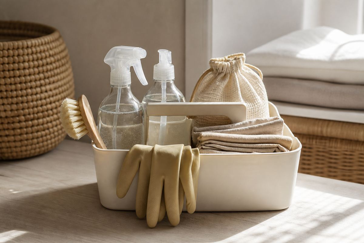 Cleaning caddy with reusable linen cloths, brushes, gloves and a laundry bag