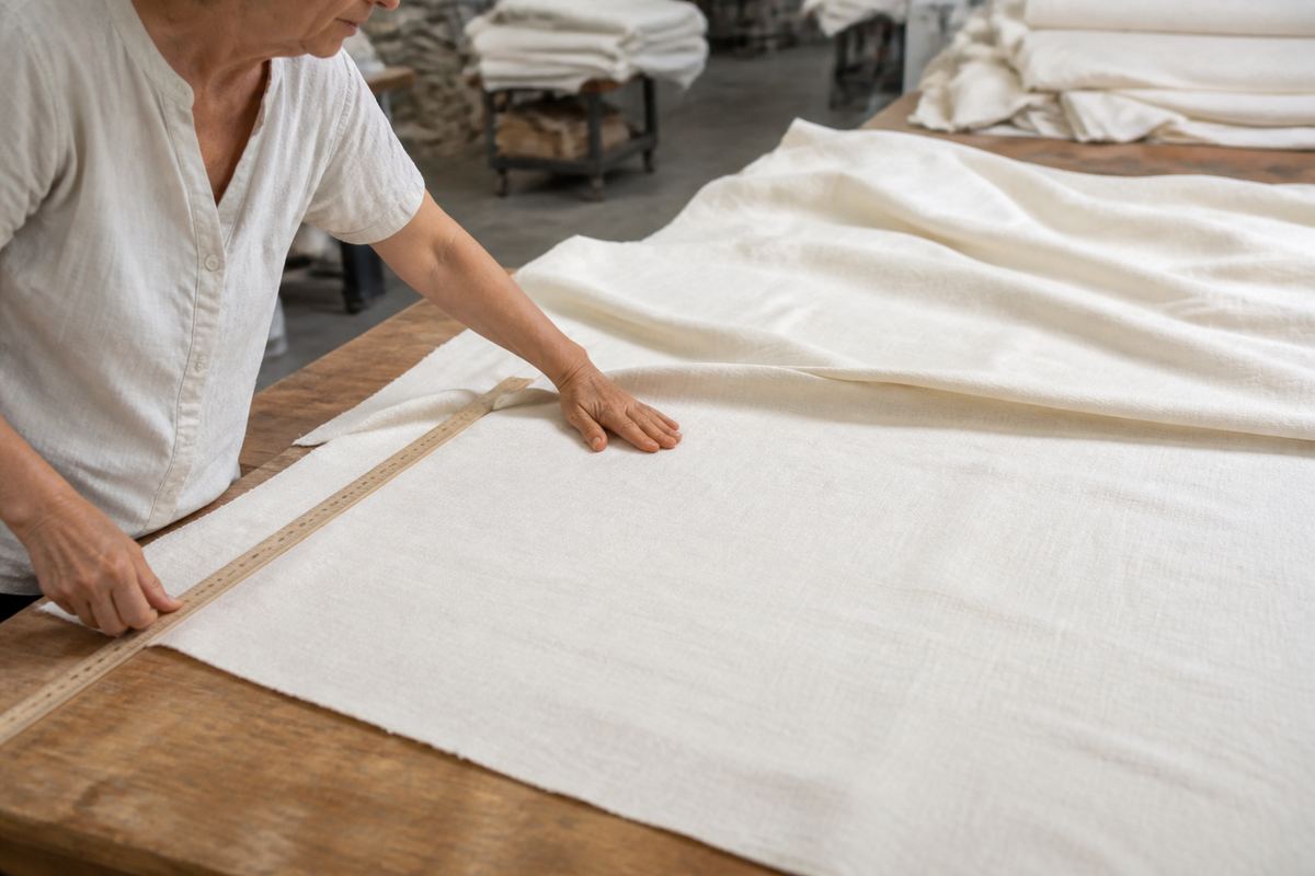 Finished stonewashed linen being measured and checked for even texture