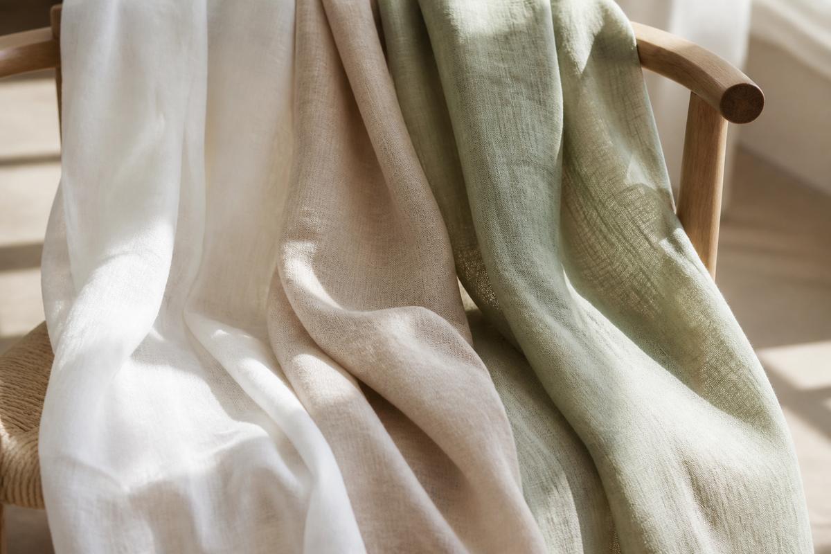 Lightweight summer linen fabrics draped over a wooden chair