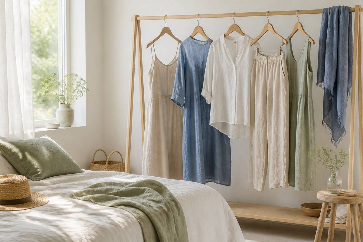 Lightweight linen shirt and trousers styled for warm weather