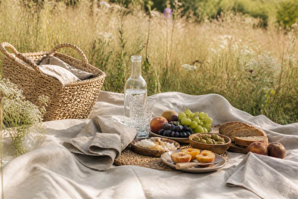 Natural linen picnic cloth with seasonal fruit, bread and a woven basket