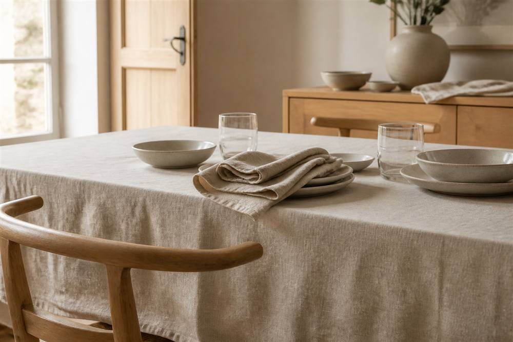 Linen tablecloth and folded napkins ready for washing and care