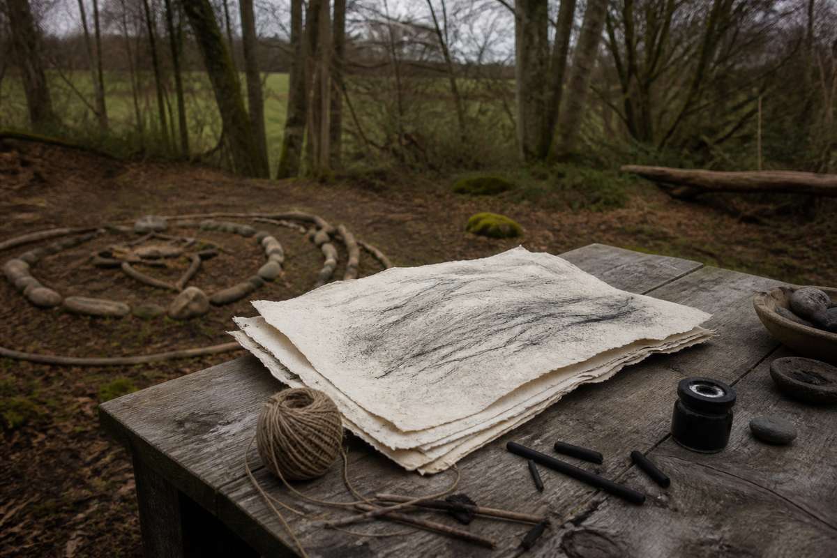 Handmade paper and charcoal on an outdoor artist's table beside woodland