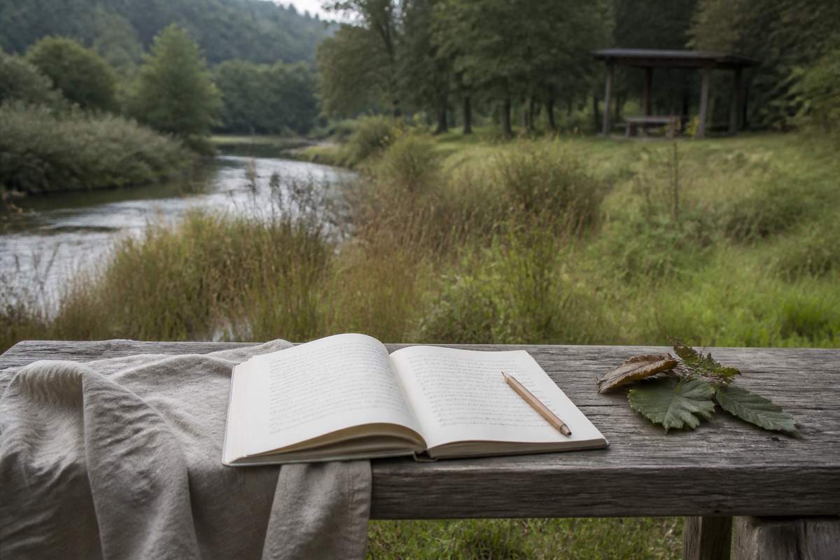 Notebook and linen cloth on a wooden table beside a quiet river