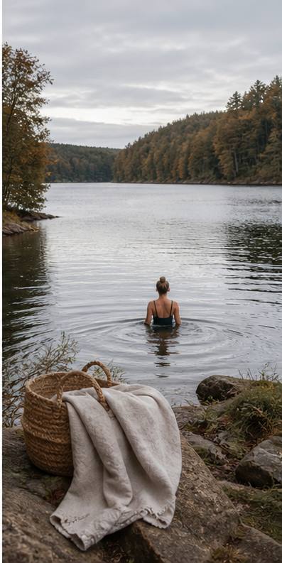 A swimmer entering a calm lake with a linen towel and woven basket on the shore