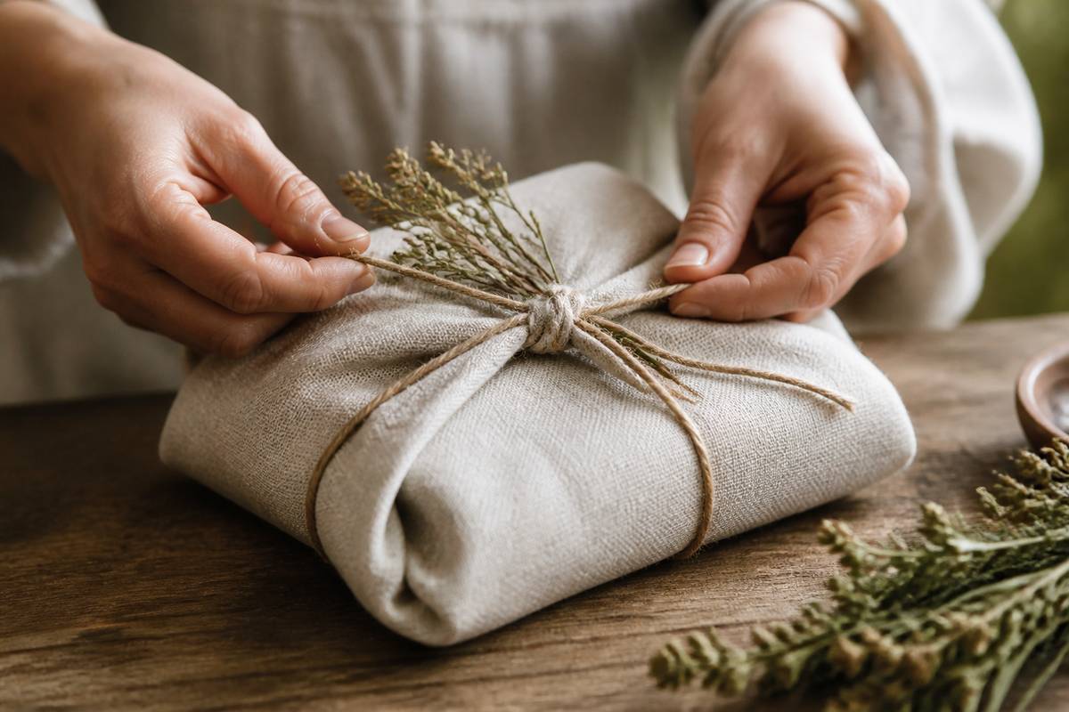 Christmas gift wrapped with reusable linen fabric