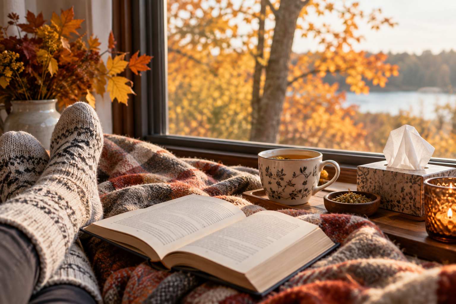 Warm herbal tea and a quiet autumn self-care moment