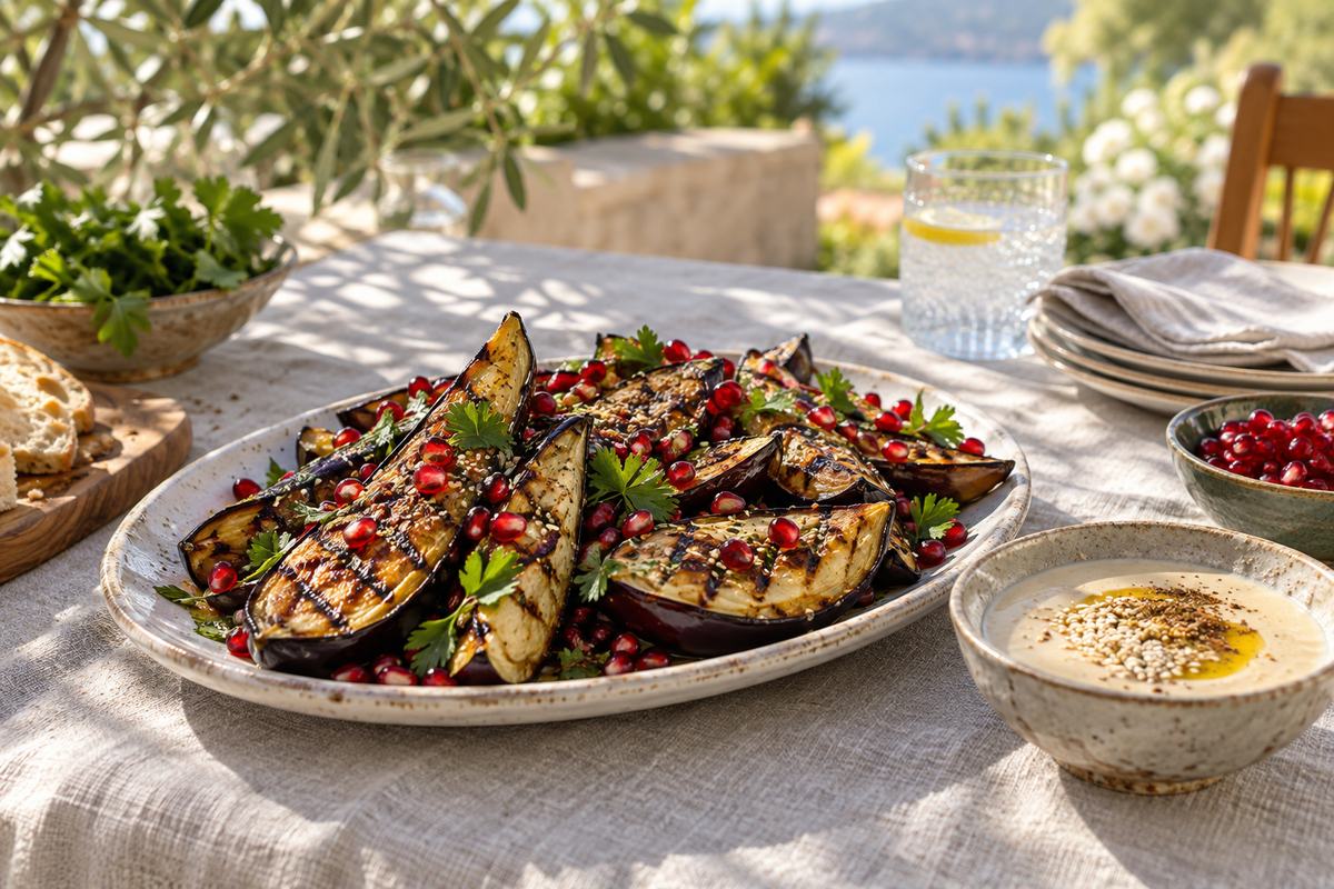 Grilled eggplant with pomegranate and herbs served on a linen-covered summer table