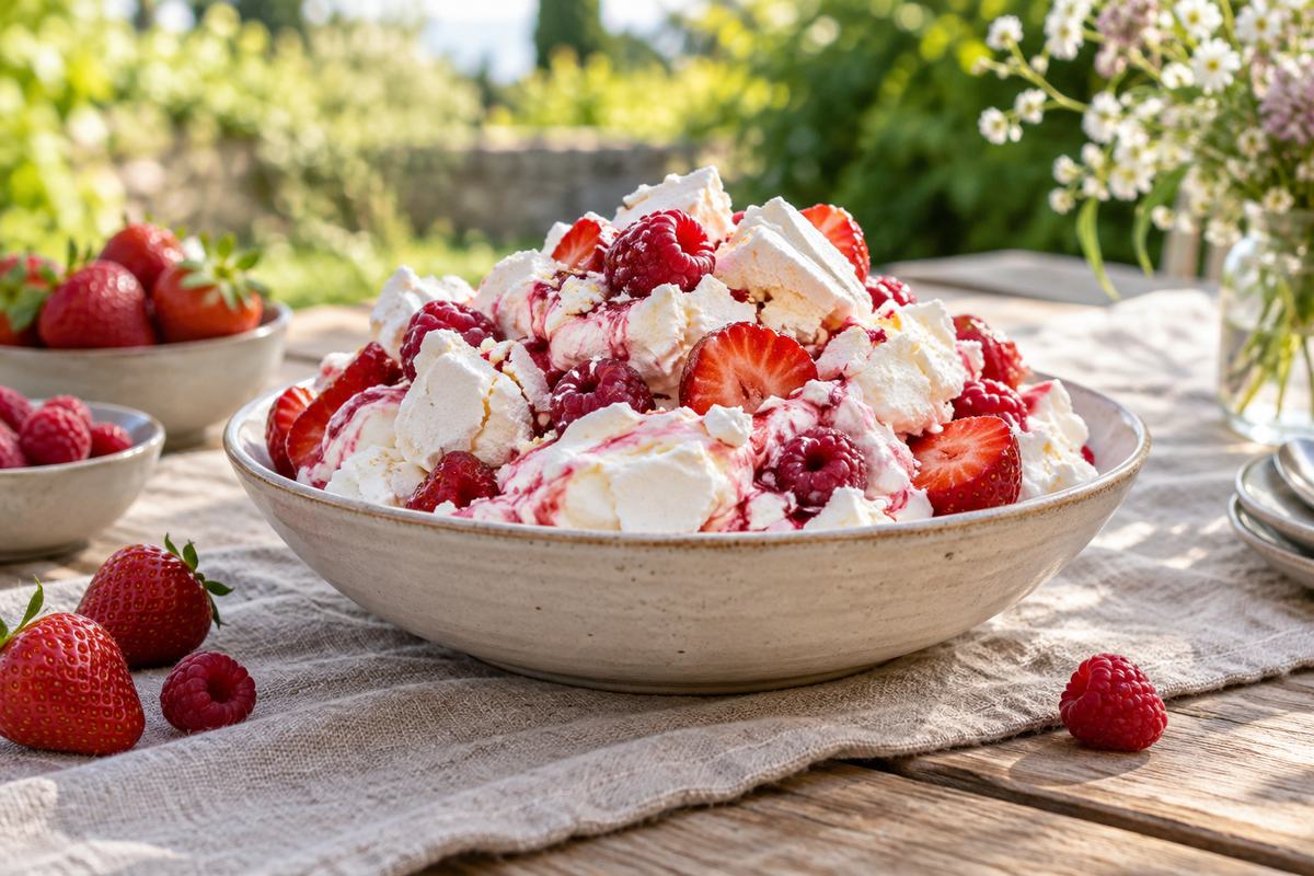 Eton mess with berries, meringue and cream on a linen-covered garden table