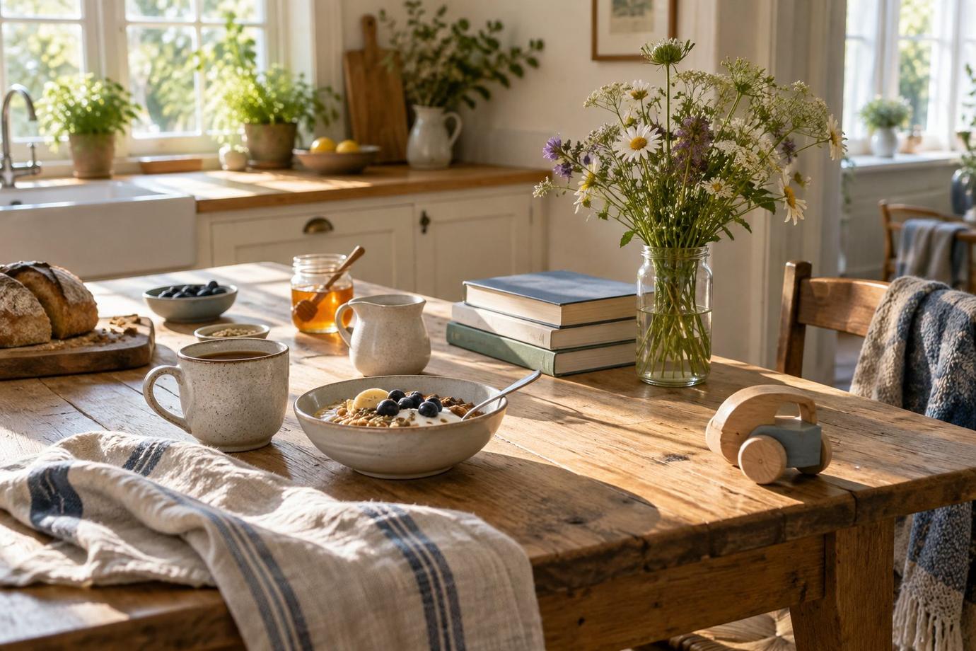 Simple family breakfast in a bright, relaxed kitchen