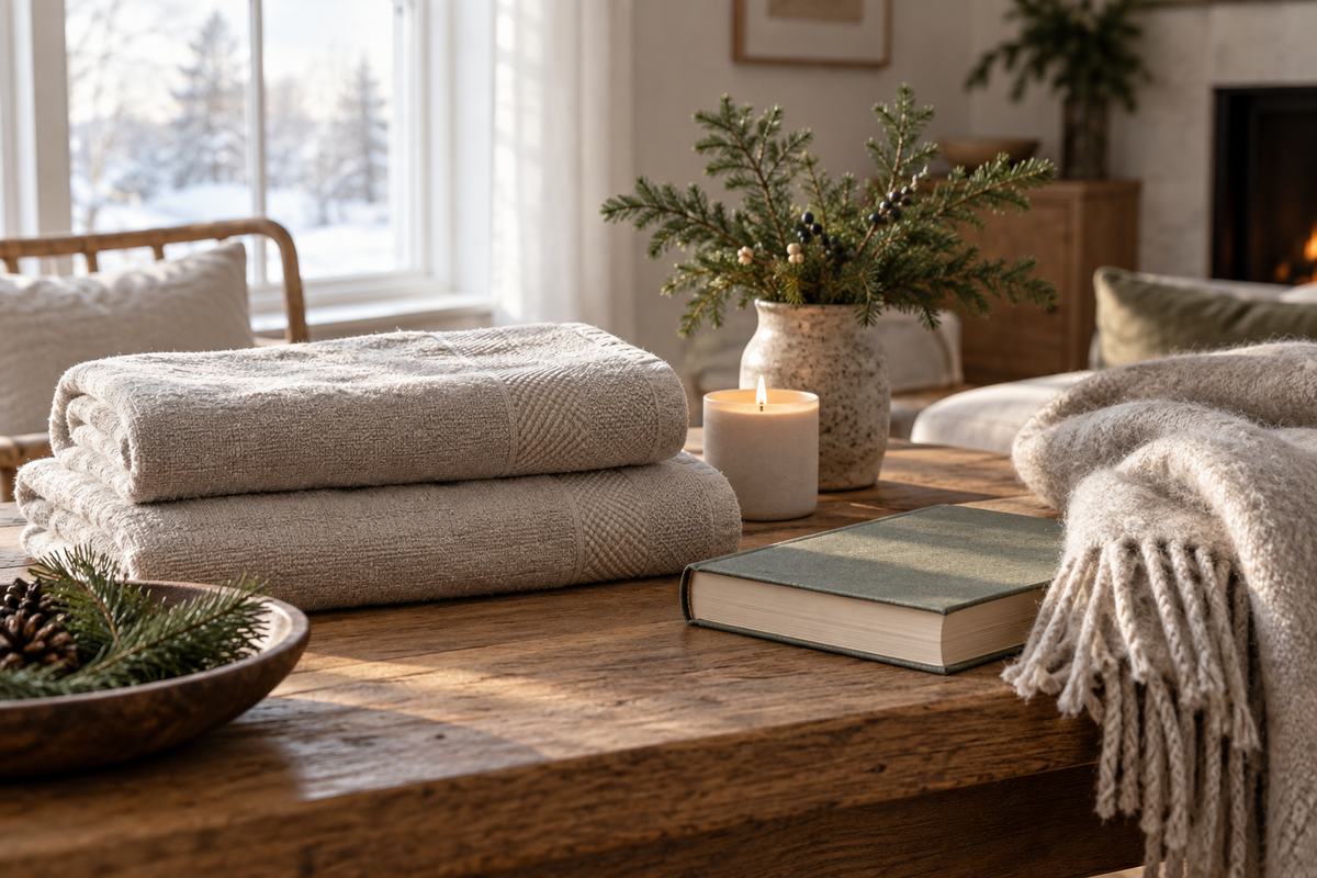 Folded linen towels, wool throw, candle and book arranged as thoughtful Christmas gifts