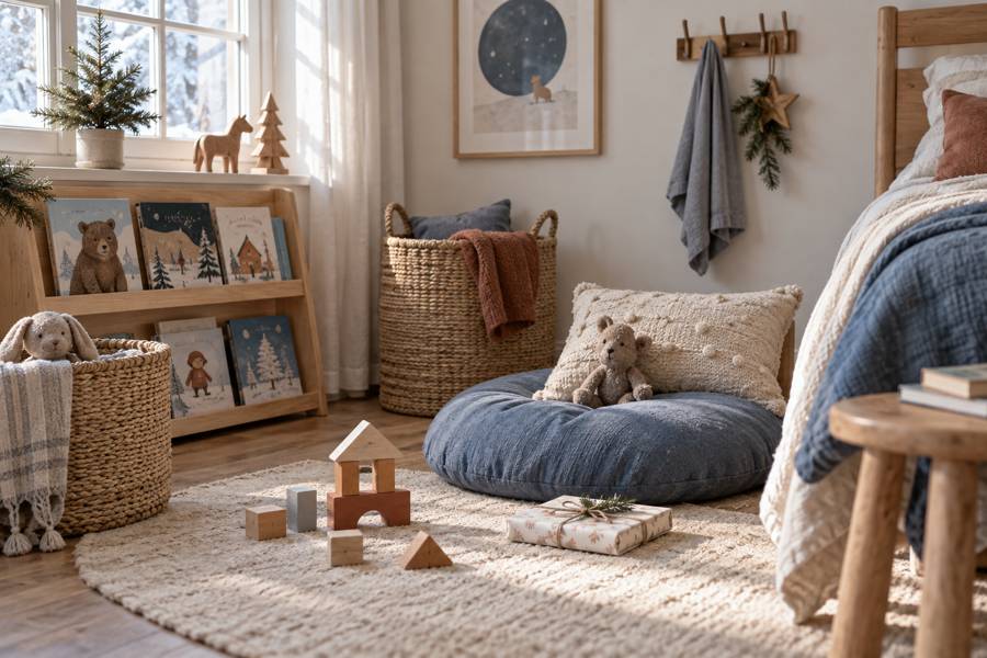 A stylish children's room with linen textiles and thoughtfully wrapped Christmas gifts