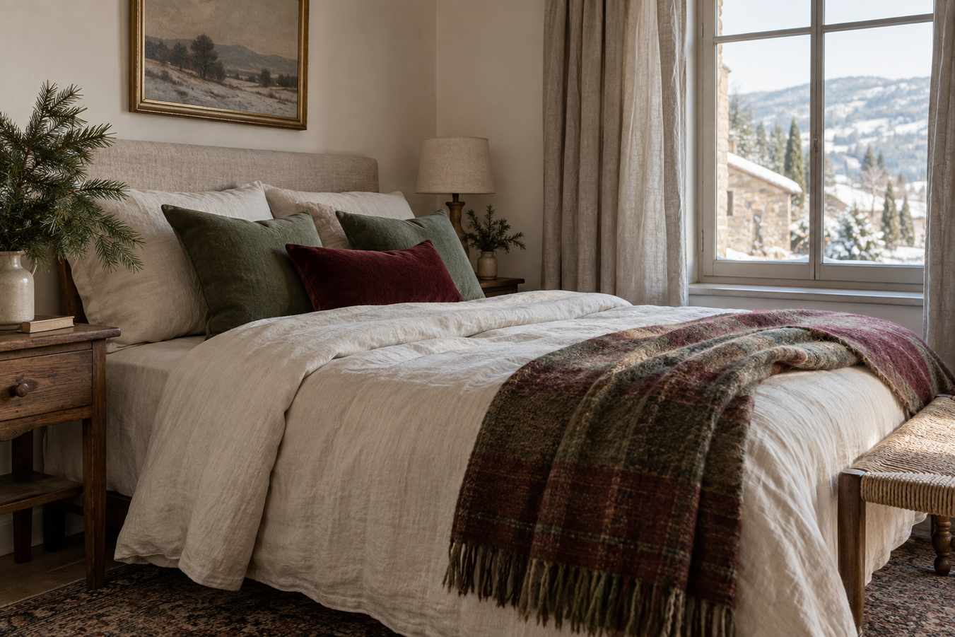 Christmas guest bedroom with off-white linen bedding, green cushions and a wool throw