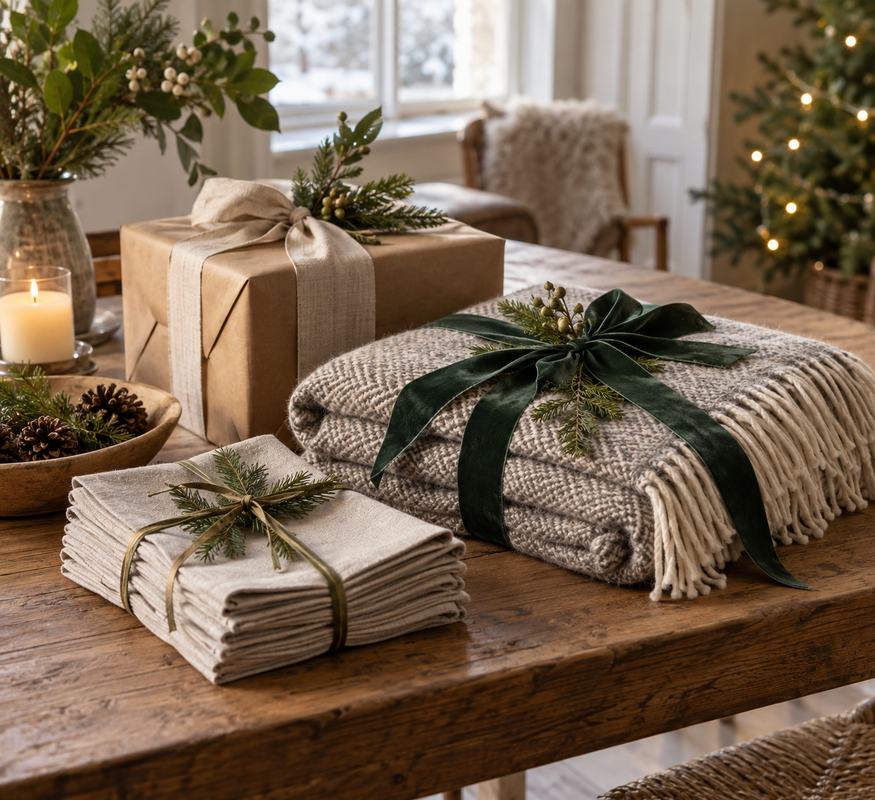 Folded linen textiles and a wool throw wrapped as thoughtful Christmas home gifts