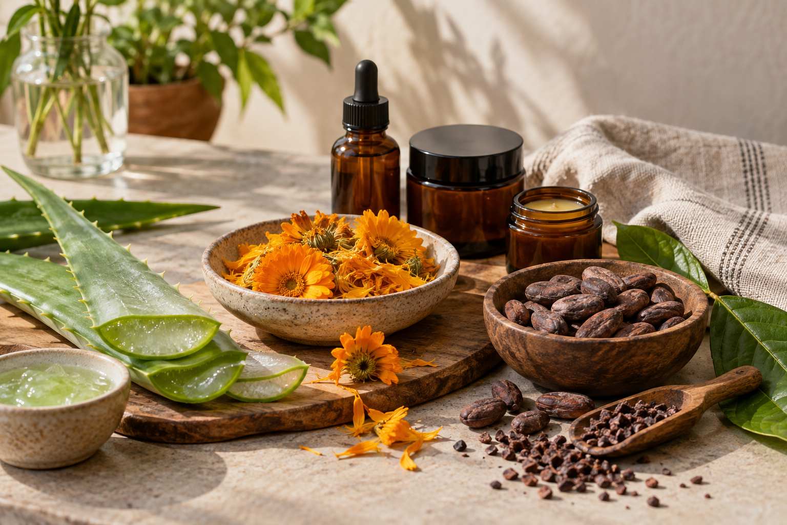 Botanical skincare ingredients arranged for a green beauty routine
