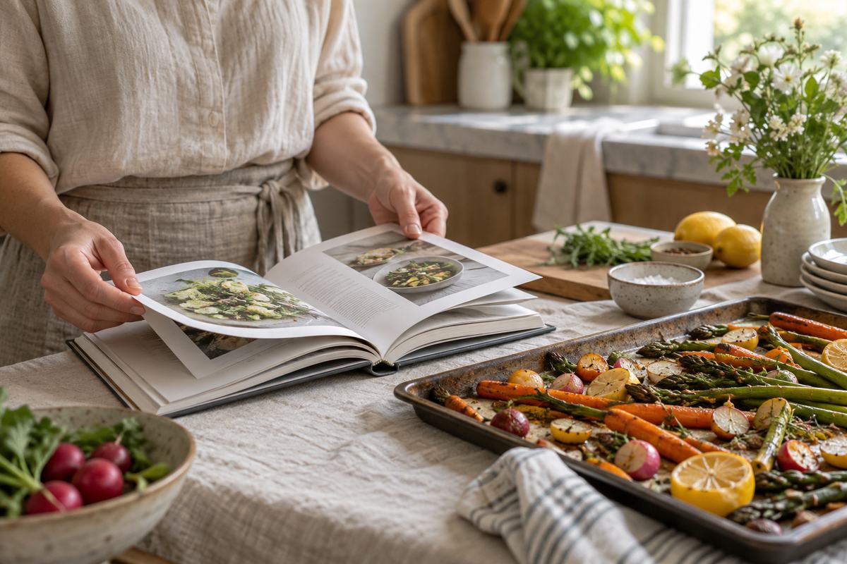 A reader browsing a vegetable cookbook beside a tray of roasted spring vegetables