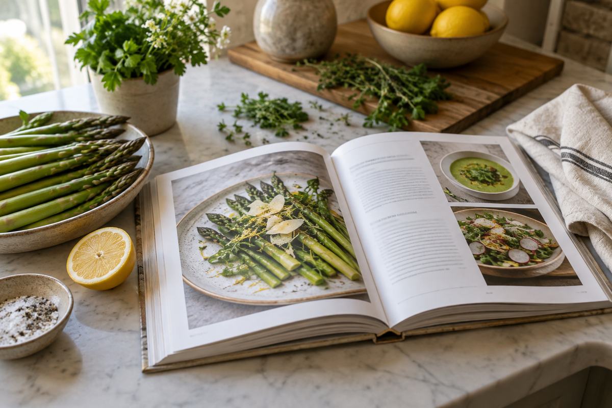 An open spring vegetable cookbook beside fresh asparagus and herbs