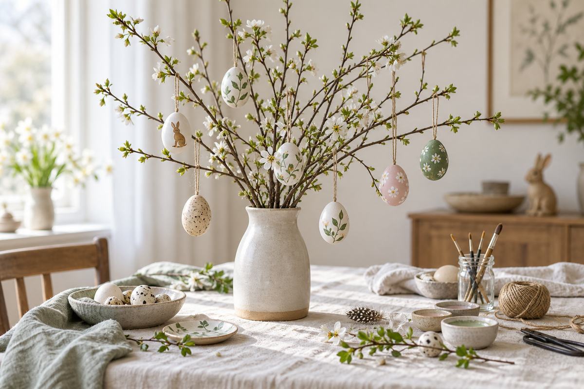A simple Easter tree made from spring branches and hanging decorated eggs
