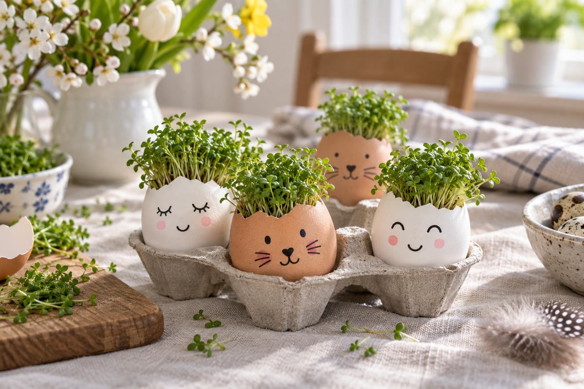Cress growing from decorated eggshells as a simple family Easter craft