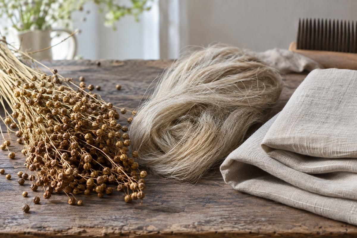 Flax stems, loose fibres and finished linen cloth showing the path from plant to fabric