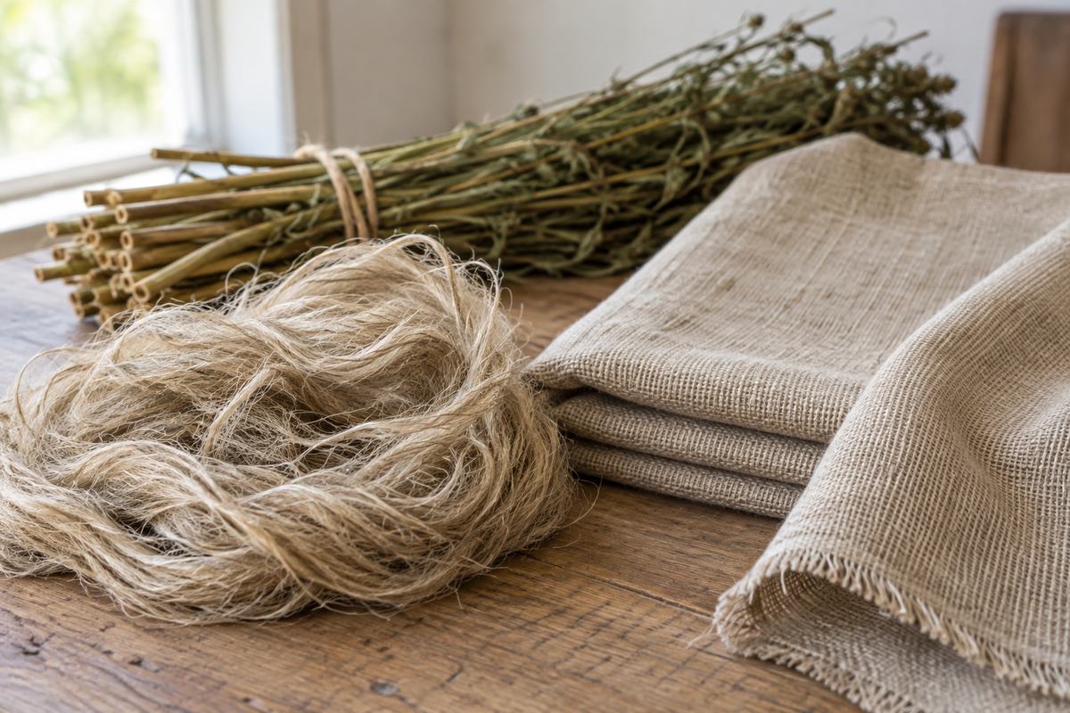 Hemp fibres and woven hemp cloth laid out on a neutral table