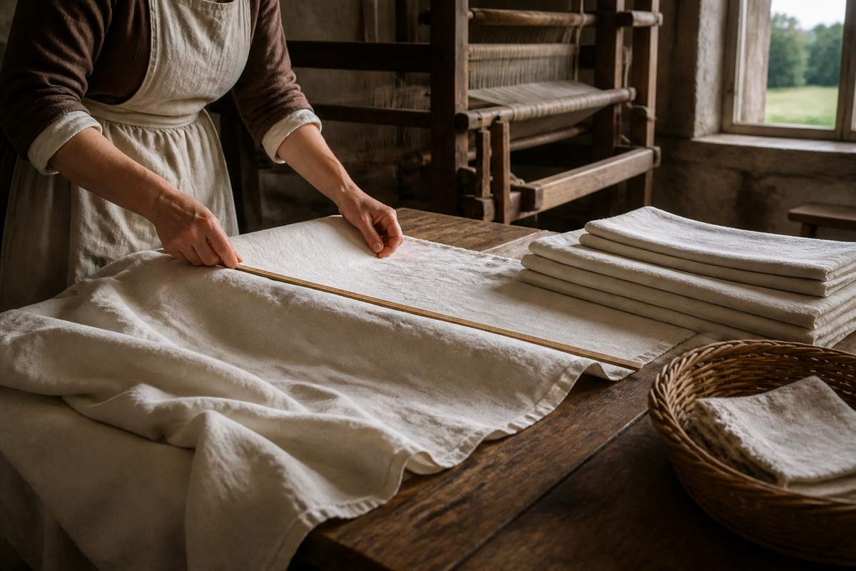 Household worker measuring and folding linen sheets beside a hand loom