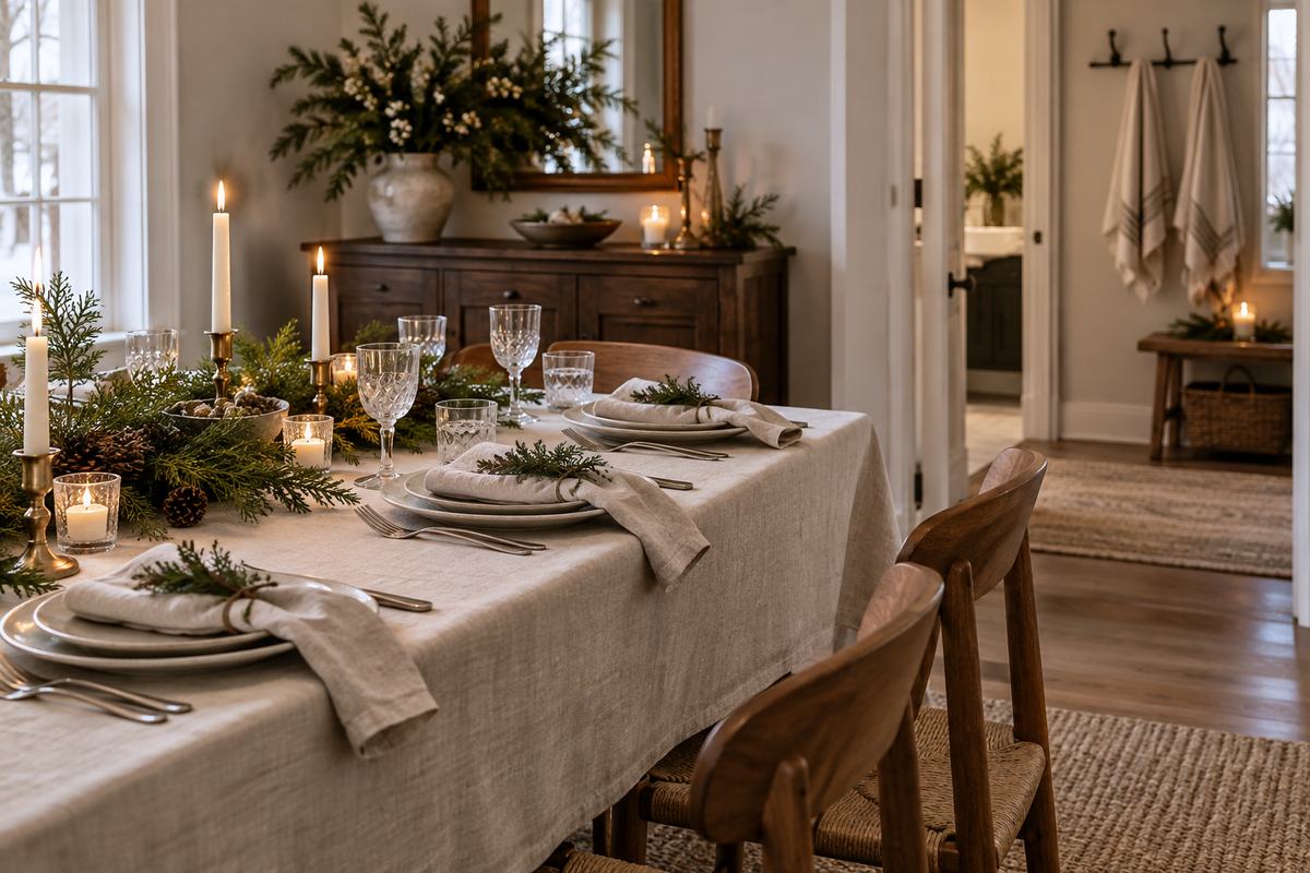 Holiday table dressed with natural linen, candles and simple greenery
