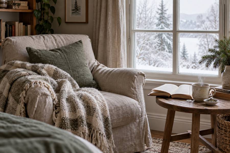 A peaceful reading corner with linen textiles for holiday-season self-care