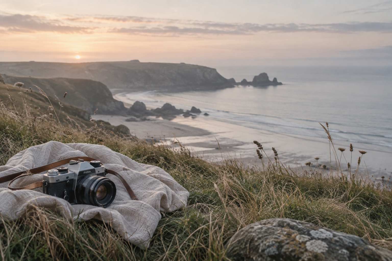 Camera and notebook among coastal grasses in soft natural light