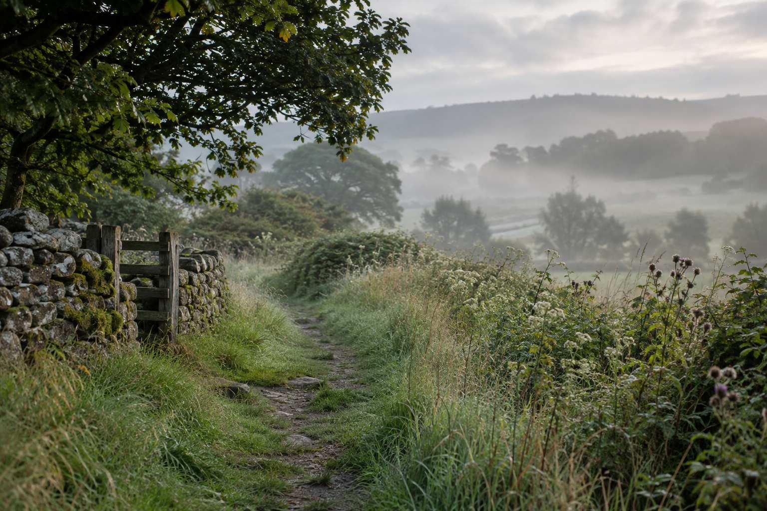Quiet countryside footpath bordered by grasses and hedgerows