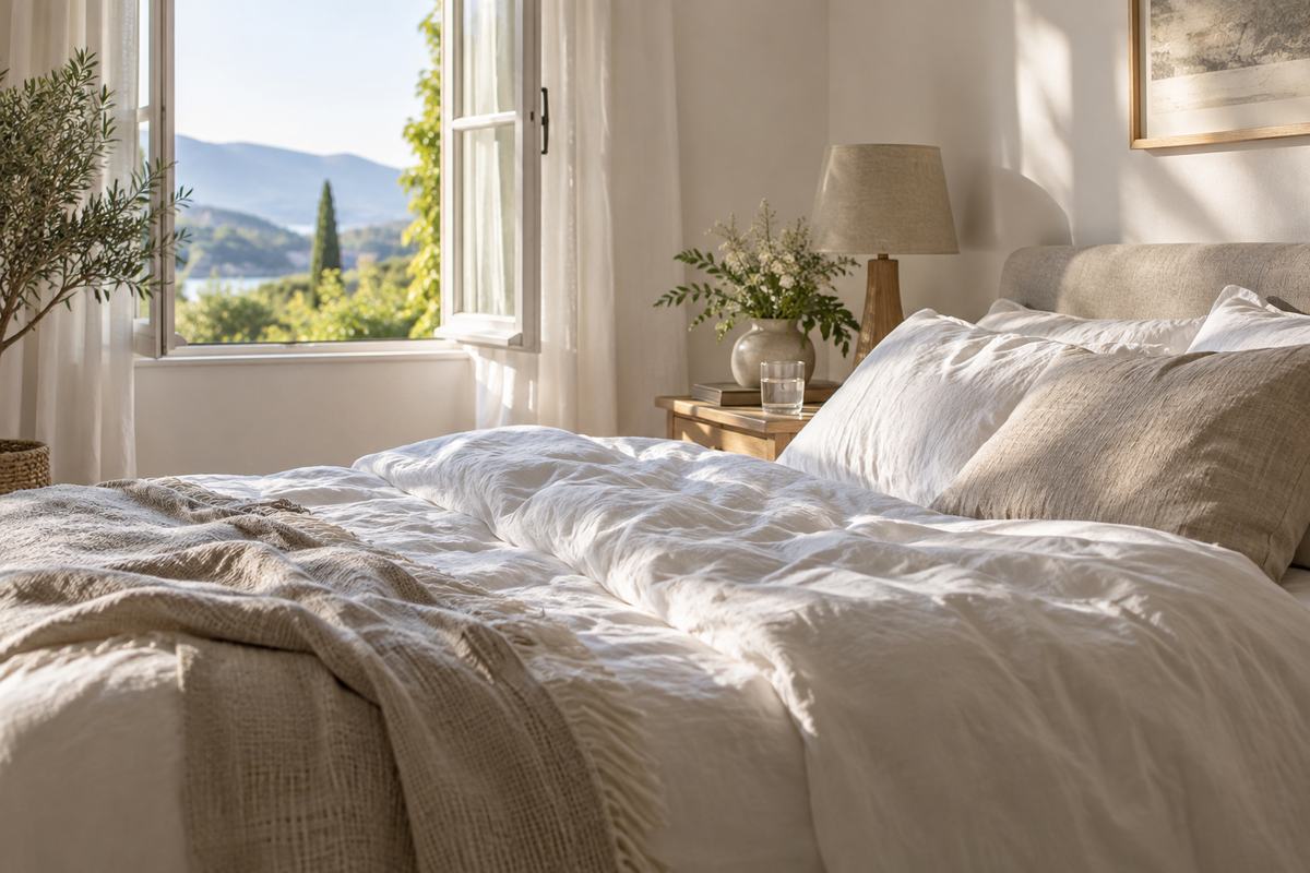 Light linen bedding in a calm bedroom with a glass of water nearby