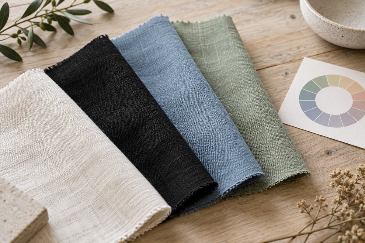 Linen fabric swatches in natural, black, white, blue and green tones