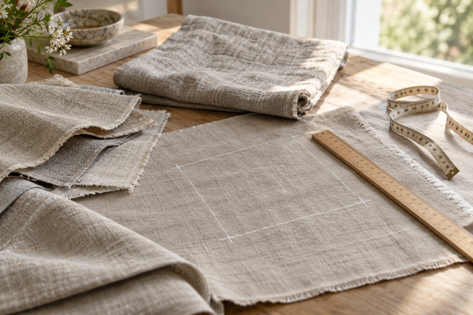 Linen upholstery samples marked and measured before a wash test
