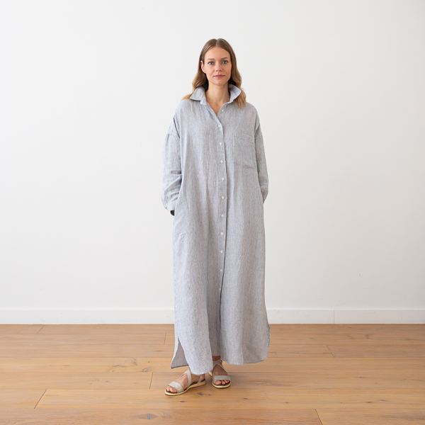 Model wearing LinenMe Kopa oversize linen shirt dress in a timeless relaxed silhouette