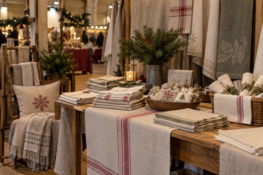 Lithuanian linen textiles displayed at a festive Christmas fair stall