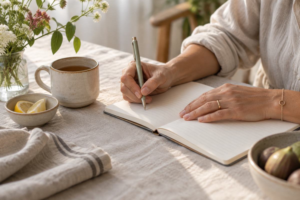Hands writing a short list in a notebook beside a cup of tea